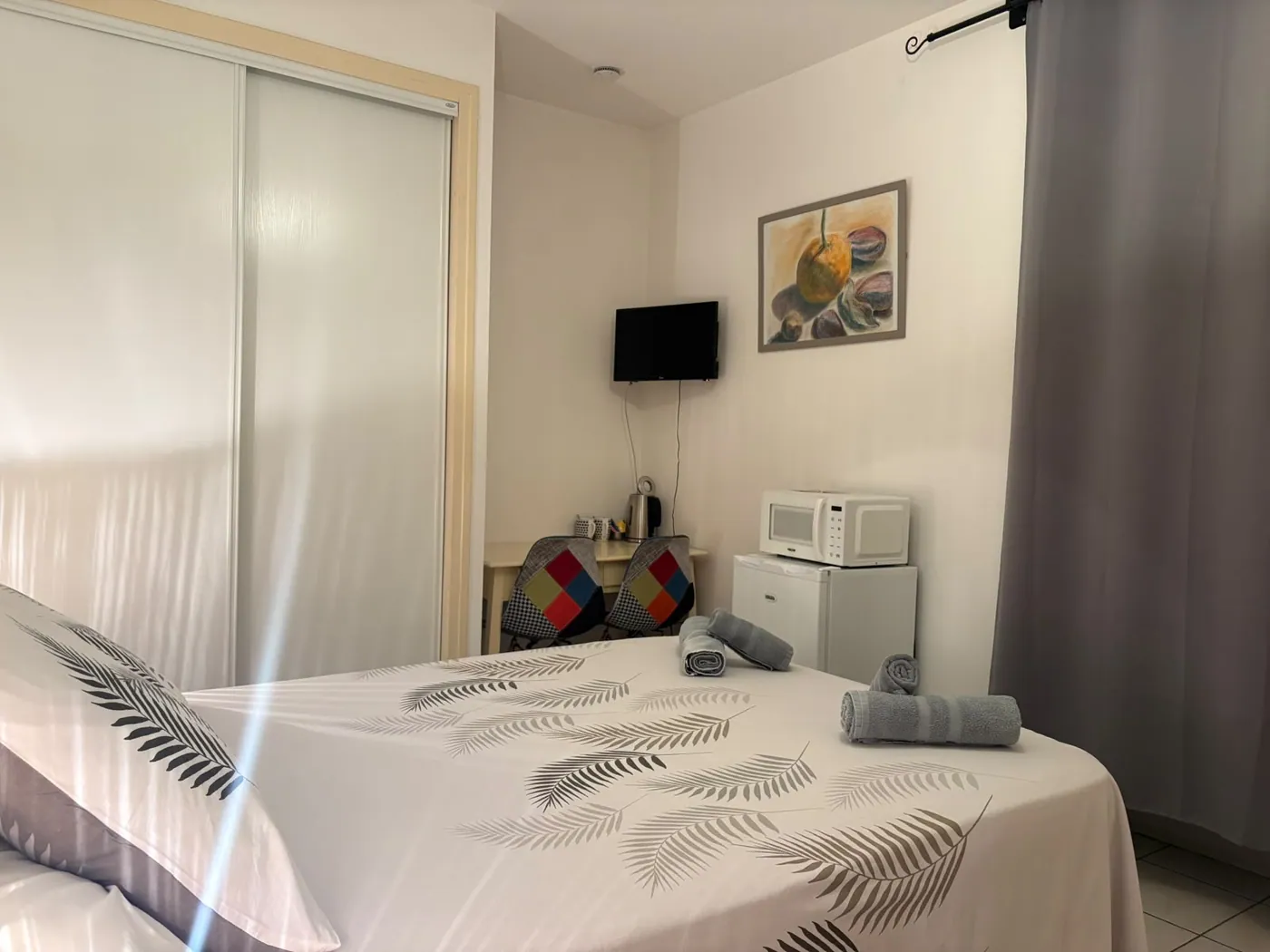 Chambre 2 : télévision, réfrigérateur et micro-ondes